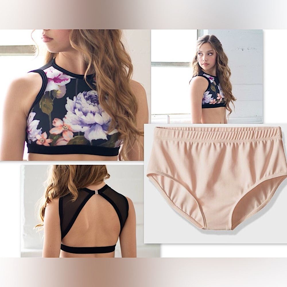 🪷Details Dancewear Black Floral Crop Top & Pink Capezio Briefs Dance Set, NWT